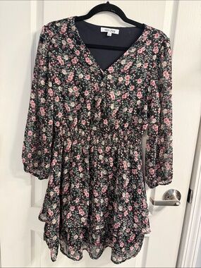 Romantic Boho Mimi Chica Black Floral Midi Dress with Pink Accents